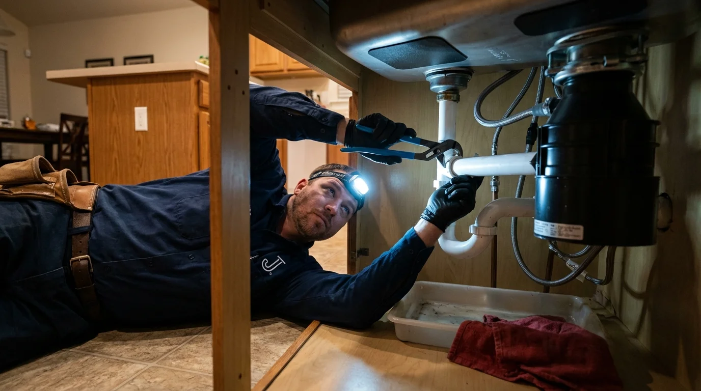 P-trap and supply line connections under a kitchen sink showing a common leak point in Cumberland, KY